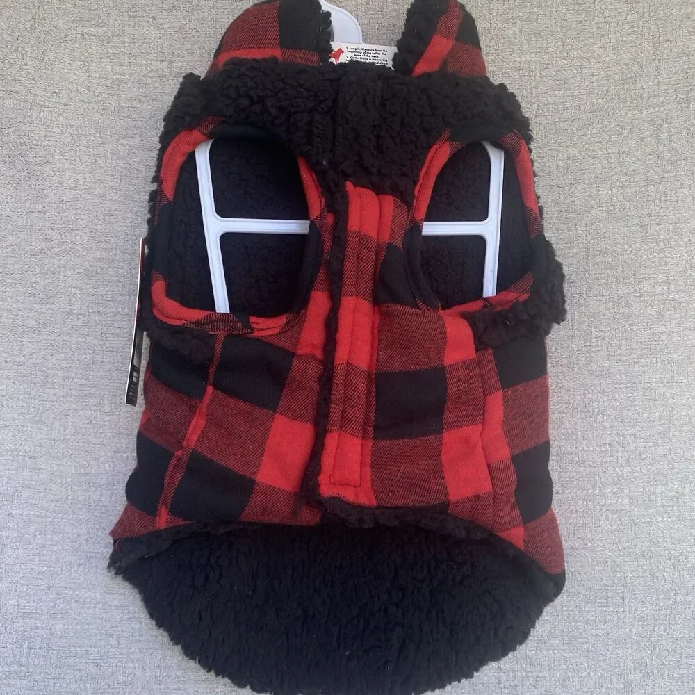 Woof Dog Jacket Sherpa Flannel Red Black Buffalo Plaid Checkered Holiday Photos